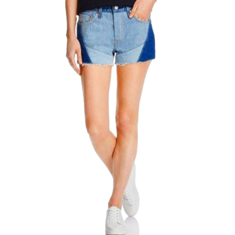Levi’s Jean 501 Patchwork Shorts Mid Rise Cutout Disstressed Raw Hem 30